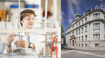 Linke Bildhälfte: Junge Frau im Labor; rechte Bildhälfte: Außenansicht Währinger Straße 38