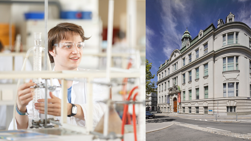 Linke Bildhälfte: Junge Frau im Labor; rechte Bildhälfte: Außenansicht Währinger Straße 38