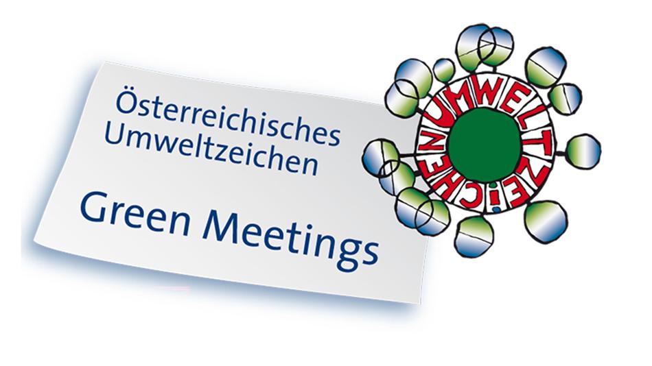 Logo mit Umweltzeichen und Schrift: Österreichisches Umweltzeichen, Green Meetings
