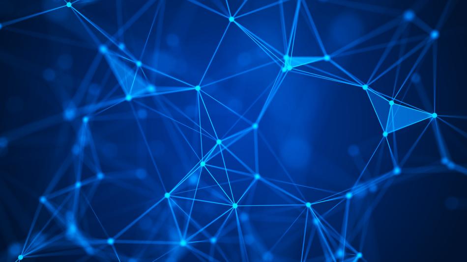 Abstrakte, blaue Netzwerk-Grafik mit leuchtenden Verbindungslinien und Punkten, die ein digitales Datennetz oder technologische Vernetzung symbolisieren. Dunkler Hintergrund mit hellen geometrischen Strukturen und räumlicher Tiefenwirkung.