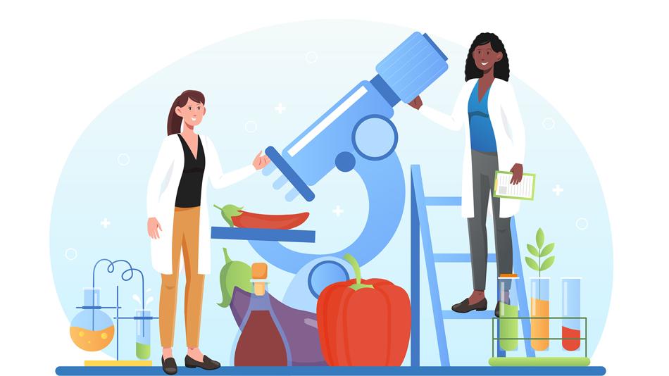 Illustration: Forschende mit Mikroskop