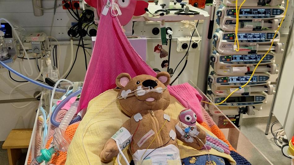Teddybär auf der Intensivstation an Überwachungsgeräte angeschlossen