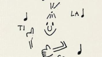 Zeichnung mit Gesicht, Armen und Noten