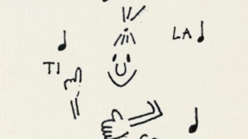 Zeichnung mit Gesicht, Armen und Noten