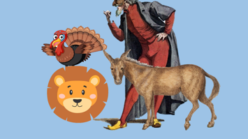 Collage aus Vogel, Löwe, Esel und Mensch