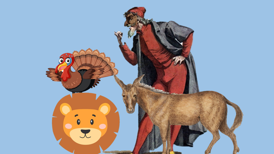 Collage aus Vogel, Löwe, Esel und Mensch