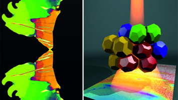 Das linke Bild zeigt verschiedene atomar-dünne Schichten im Lichtmikroskop. Das rechte Bild ist eine künstlerische Darstellung eines Röntgenstrahls, der auf Nanokristalle trifft und ein Wellenmuster erzeugt.