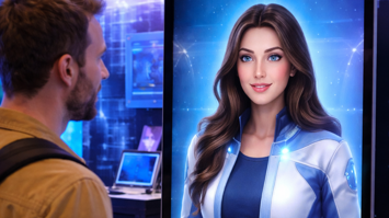 Mann unterhält sich mit einem lebensgroßen KI-generierten Avatar