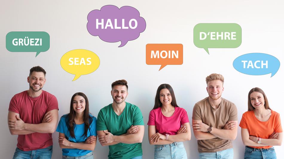 Junge Leute nebeneinander, darüber Sprachblasen mit dem Grußwörtern in unterschiedlichen deutschen Dialekten