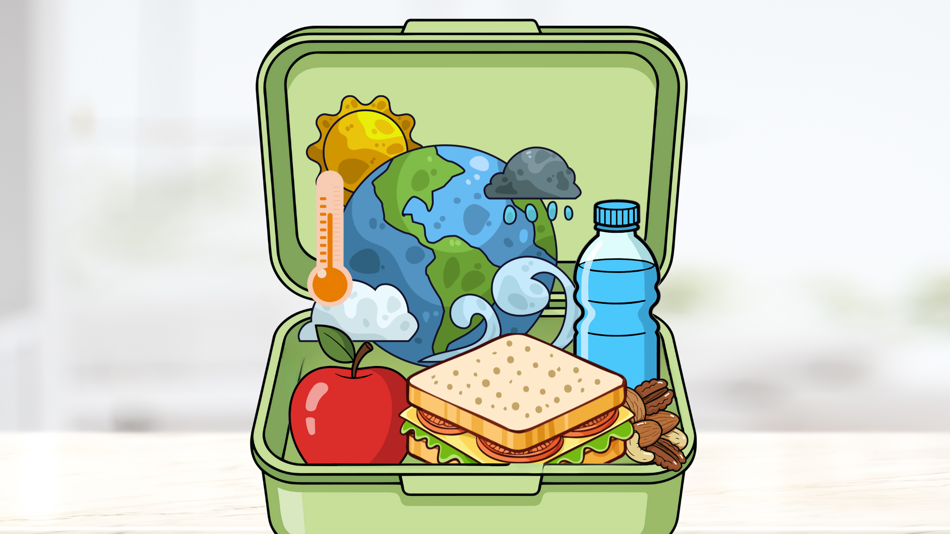 Eine gezeichnete Jausenbox mit Brot, Wasserflasche, Apfel und einer Weltkugel