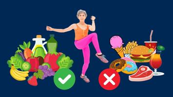 Ein Bild mit Obst und Gemüse sowie ungesunden Lebensmitteln. In der Mitte steht eine ältere Frau, die sich sportlich betätigt.