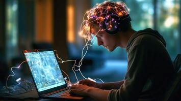 Person vor dem Laptop mit neuronaler Schnittstelle für die Datenverarbeitung im Gehirn, KI-generiert