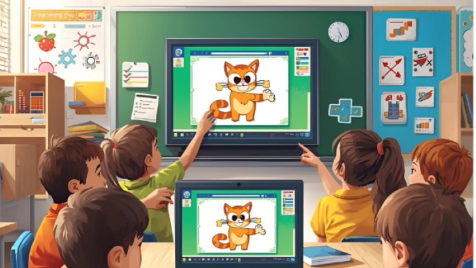Bild zu Station 1. Kinder betrachten die Scratch-Katze auf einem Bildschirm