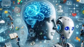 Mensch und Roboter umrandet von Symbolen