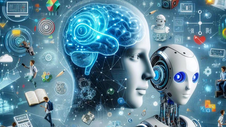 Mensch und Roboter umrandet von Symbolen