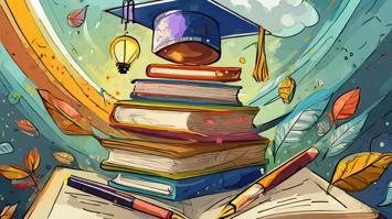 Bücherstapel mit Glühbirne und Hut