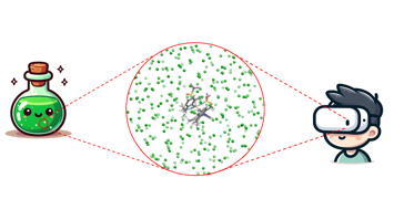 Weißer Hintergrund, links gezeichnete Flasche mit grünem Inhalt, mittig großer Kreis mit kleinen grünen Partikeln rot umrandet, ganz rechts gezeichnetes Kind und mit VR-Brille