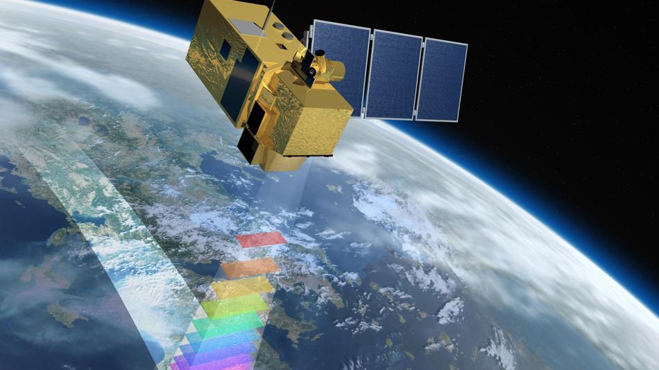 Bild zeigt eine Grafik eines Satelliten, der Aufnahmen der Erdoberfläche macht