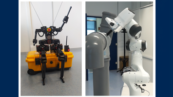 Geteiltes Bild, links gelbe Box, darauf sitzend roboter-ähnliche Figur mit Armen und Beinen, ohne Kopf in schwarz; rechts großer Roboterarm in weiß