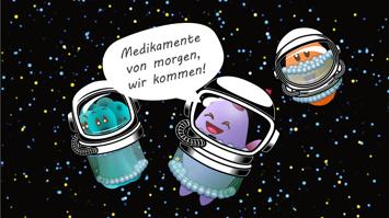 Zeichnung von Nanodisks im Weltraum mit Sprechblase "Medikamente von morgen, wir kommen!"