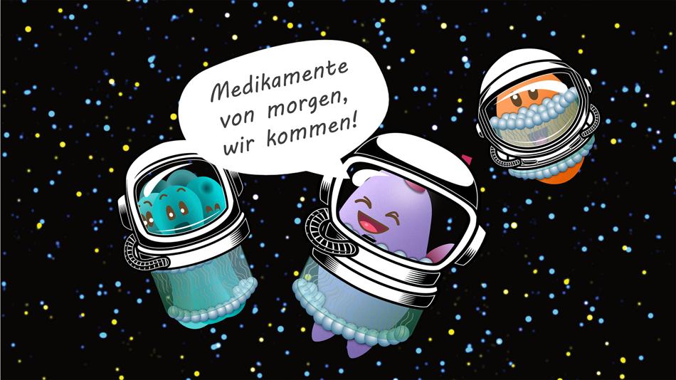 Zeichnung von Nanodisks im Weltraum mit Sprechblase "Medikamente von morgen, wir kommen!"
