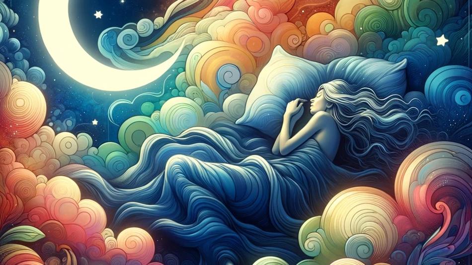 Illustration schlafende Frau vor Mond