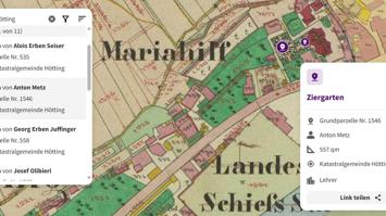 Das Bild zeigt die Angaben zu einer Parzelle in Hötting (heute zu Innsbruck gehörig). Konkret handelt es sich um einen Ziergarten, der dem Lehrer Anton Metz gehörte