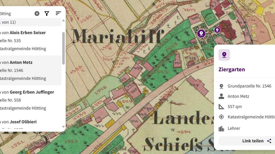 Das Bild zeigt die Angaben zu einer Parzelle in Hötting (heute zu Innsbruck gehörig). Konkret handelt es sich um einen Ziergarten, der dem Lehrer Anton Metz gehörte