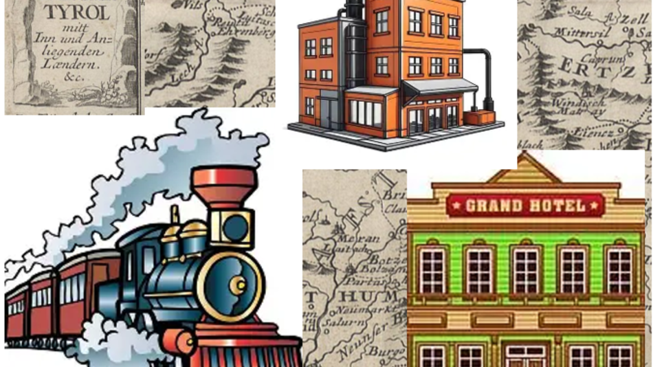 alte Karten und Grafiken von Zügen, Hotels und Häuser