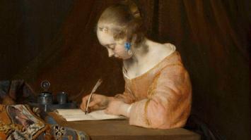 Gemälde zeigt eine junge Frau beim Schreiben