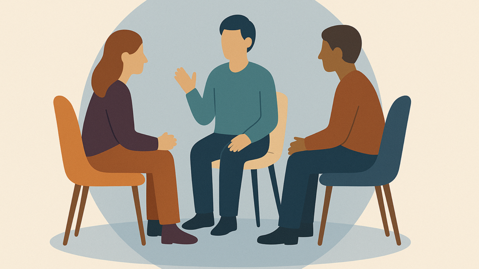 Darstellung dreier Personen im Gespräch auf Stühlen sitzend