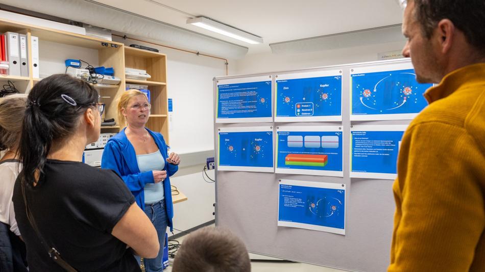Eine Frau erklärt einer kleinen Besuchergruppe der Langen Nacht der Forschung eine Tafel mit Präsentationsfolien im Rasterelektronenmikroskoplabor.