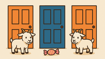 Zwei Ziegen vor drei Türen und einer Süßigkeit zwischen ihnen
