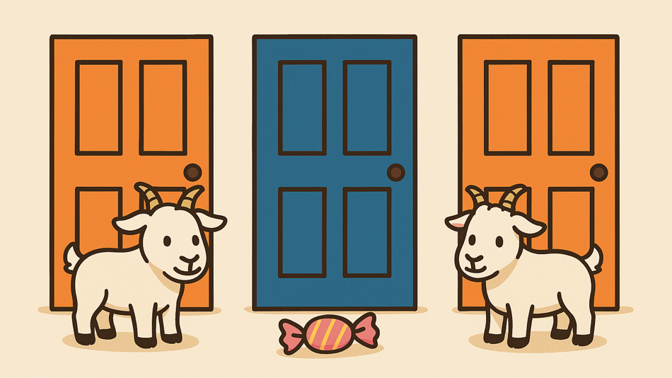 Zwei Ziegen vor drei Türen und einer Süßigkeit zwischen ihnen