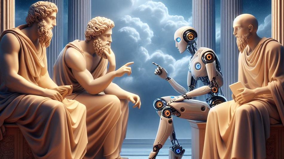 Von Ki kreiertes Bild: Römische Philosophen diskutieren mit Roboter