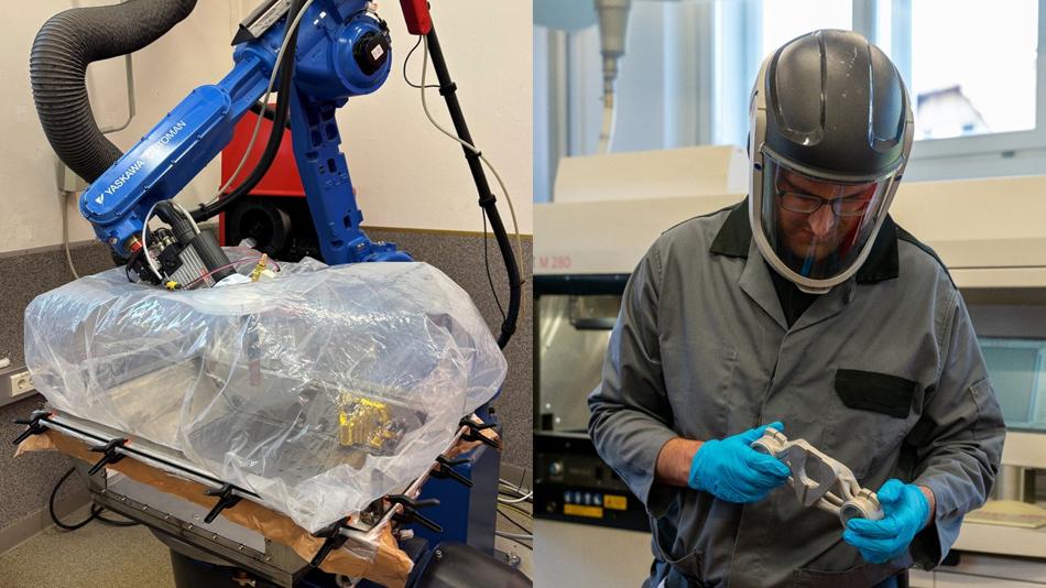 Hier werden zwei Verfahren der additiven Metallfertigung abgebildet: „Wire Arc Additive Manufacturing“ (WAAM) bei dem Metall mithilfe eines Lichtbogens und Drahtmaterials schichtweise aufgebaut wird (links) und ein mittels „Selective Laser Melting“ (SLM)