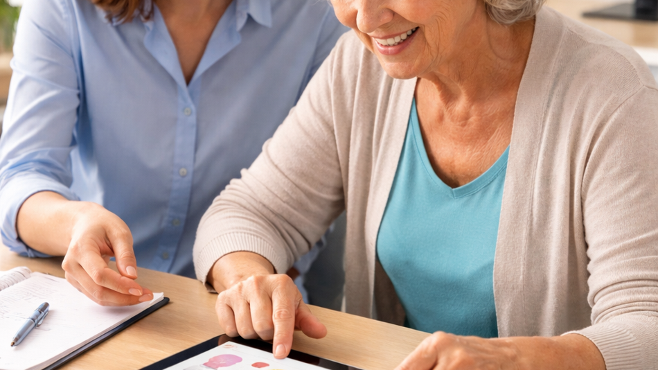 Jüngere und Ältere Person beim Betrachten eines Buches