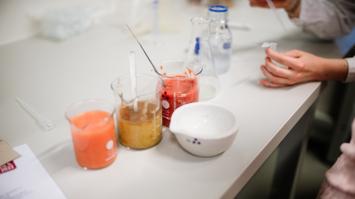 Laborgefäße stehen mit verschiedenen Flüssigkeiten auf einem Tisch.