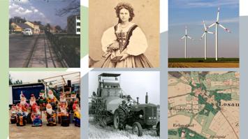 Filmstil aus Amateurfilmsammlung "Niederösterreich privat"; Porträt von Josefine Gallmeyer; Windräder; Gartenzwerge an der Grenze in České Velenice 1993; Mähdrescher, Guntramsdorf um 1952; Franziszeischer Kataster;