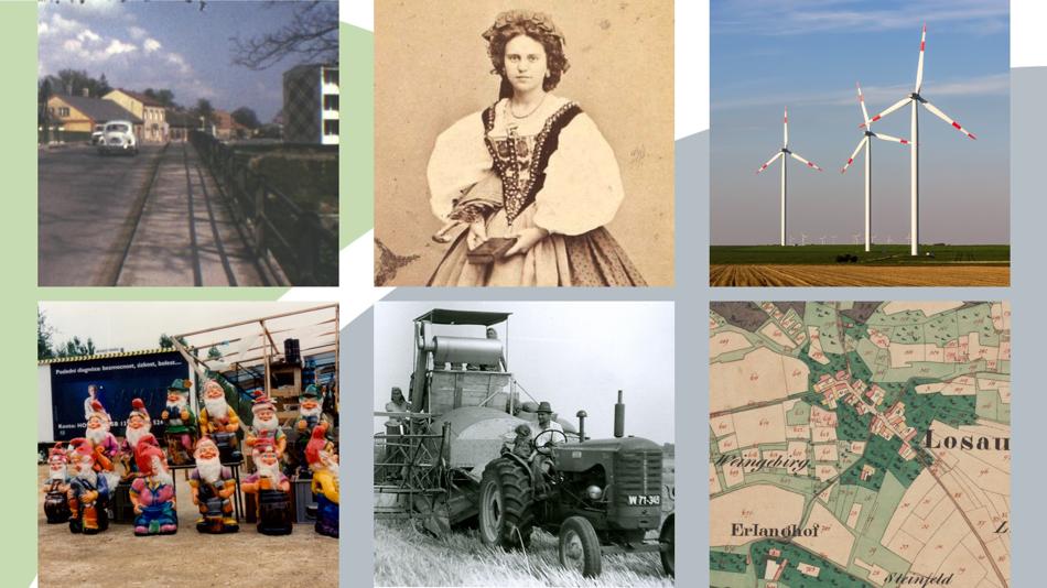 Filmstil aus Amateurfilmsammlung "Niederösterreich privat"; Porträt von Josefine Gallmeyer; Windräder; Gartenzwerge an der Grenze in České Velenice 1993; Mähdrescher, Guntramsdorf um 1952; Franziszeischer Kataster;