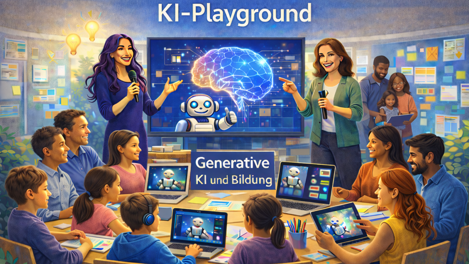 Illustratives Bild eines KI-Playgrounds: Zwei Vortragende erklären Künstliche Intelligenz vor einem Bildschirm mit leuchtendem Gehirn und Roboter, während Menschen unterschiedlicher Altersgruppen gemeinsam an Tischen arbeiten.