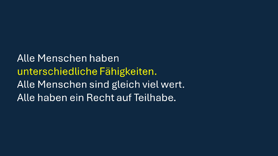 Alle Menschen haben unterschiedliche Fähigkeiten. Alle Menschen sind gleich viel wert. Alle haben ein Recht auf Teilhabe.