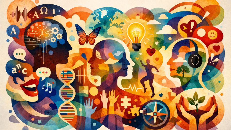 Ein buntes Bild mit vielen Köpfen und Körpern, die im Austausch sind. Viele Hänge strecken sich in die Luft und sind im Austausch mit ihrer Umwelt, mit Pflanzen, Tieren und modernen Erfindungen. Dazwischen finden sich Symbole wie Sprechblasen & Buchstaben