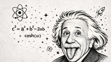 Einstein making a funny face and a formula