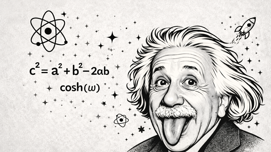 Einstein making a funny face and a formula