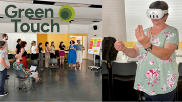 Eine Gruppe diskutiert Lösungsansätze und eine Frau trägt eine VR-Brille.