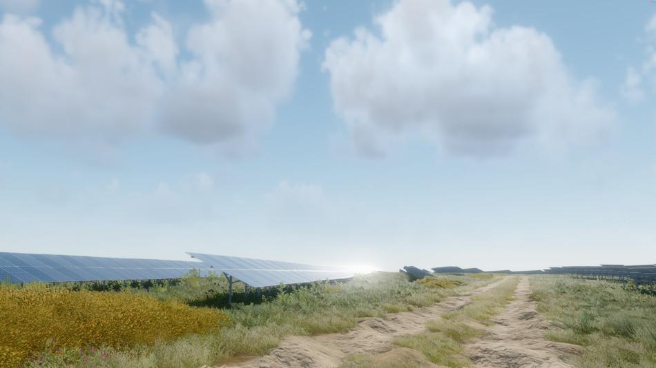 Feldweg neben einer großen Freiflächen-Photovoltaikanlage