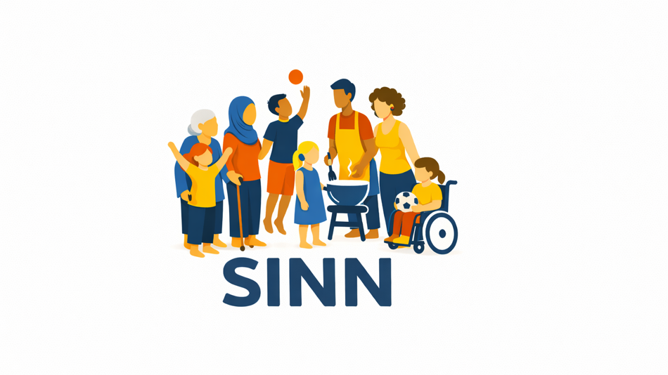 Eine KI-generierte bunte Zeichnung, die eine Gruppe unterschiedlicher Personen rund um einen Kochtopf zeigt, darunter steht das Wort SINN