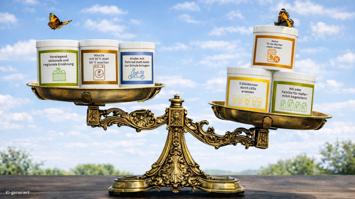 Katharina Glöckel, eigene Darstellung einer Klimawaage, basierend auf den Klimawaage-Materialien des Kompetenzzentrums Nachhaltiger Konsum https://nachhaltigerkonsum.info/klimawaage, erstellt mittels KI