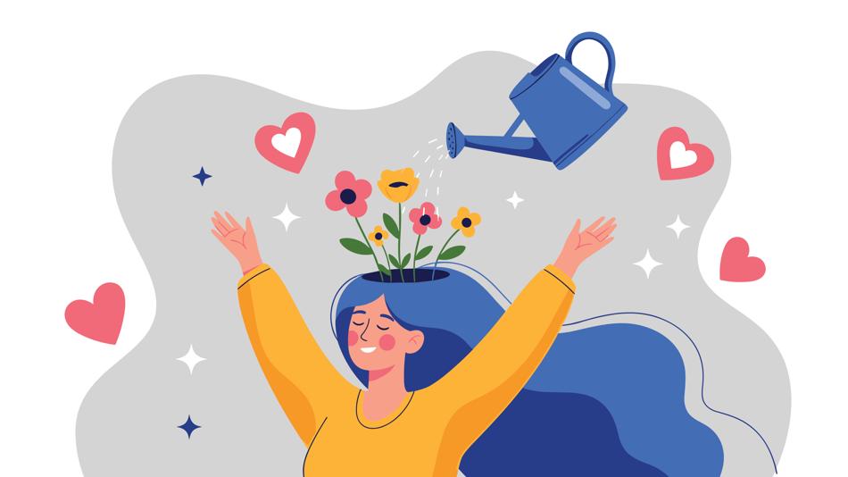 Zeichnung, Blumen wachsen aus einem Kopf und werden gegossen